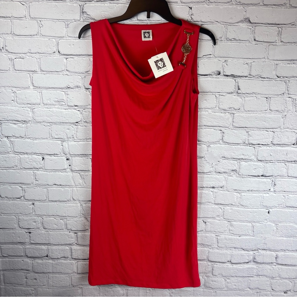 ANNE KLEIN Women's Red Sleeveless A-line Dress Size 4 Gold Chain‎ Accent NWT
